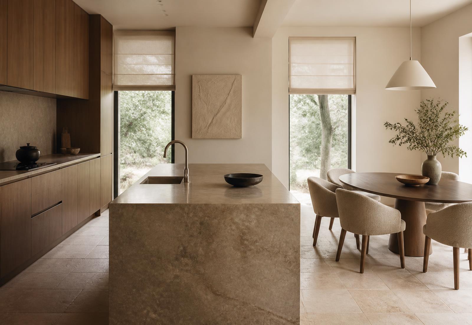 Stone island kitchen opening into a dining area