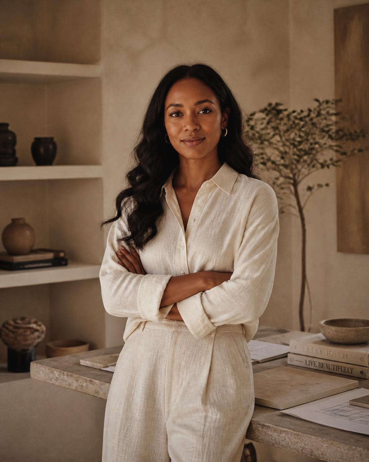 Anu, founder of Interio, in a warm neutral studio