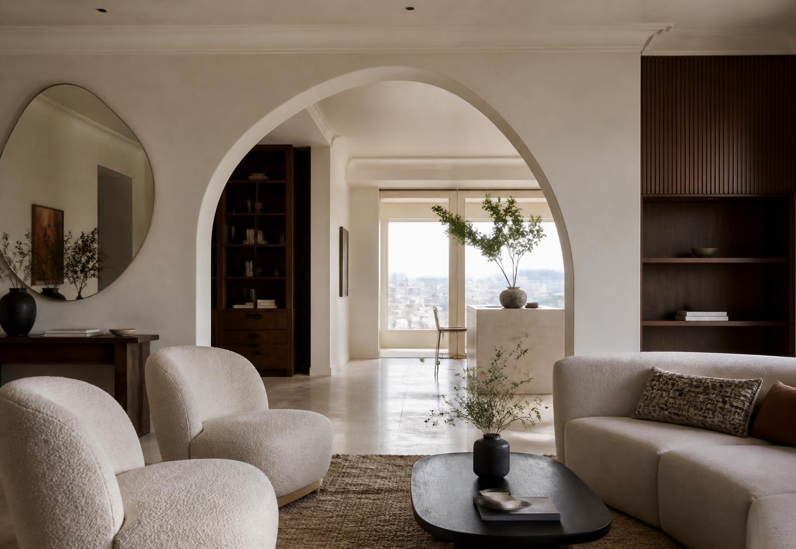 Warm neutral living room with plaster archway and boucle seating