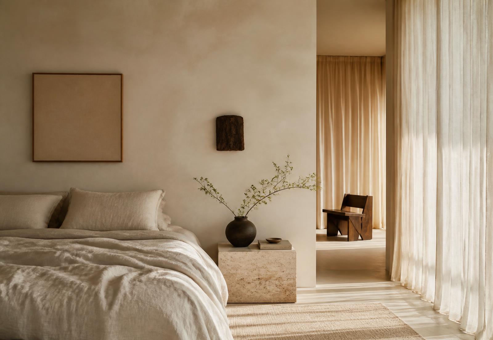 Bedroom with linen bedding, plaster walls and travertine side table