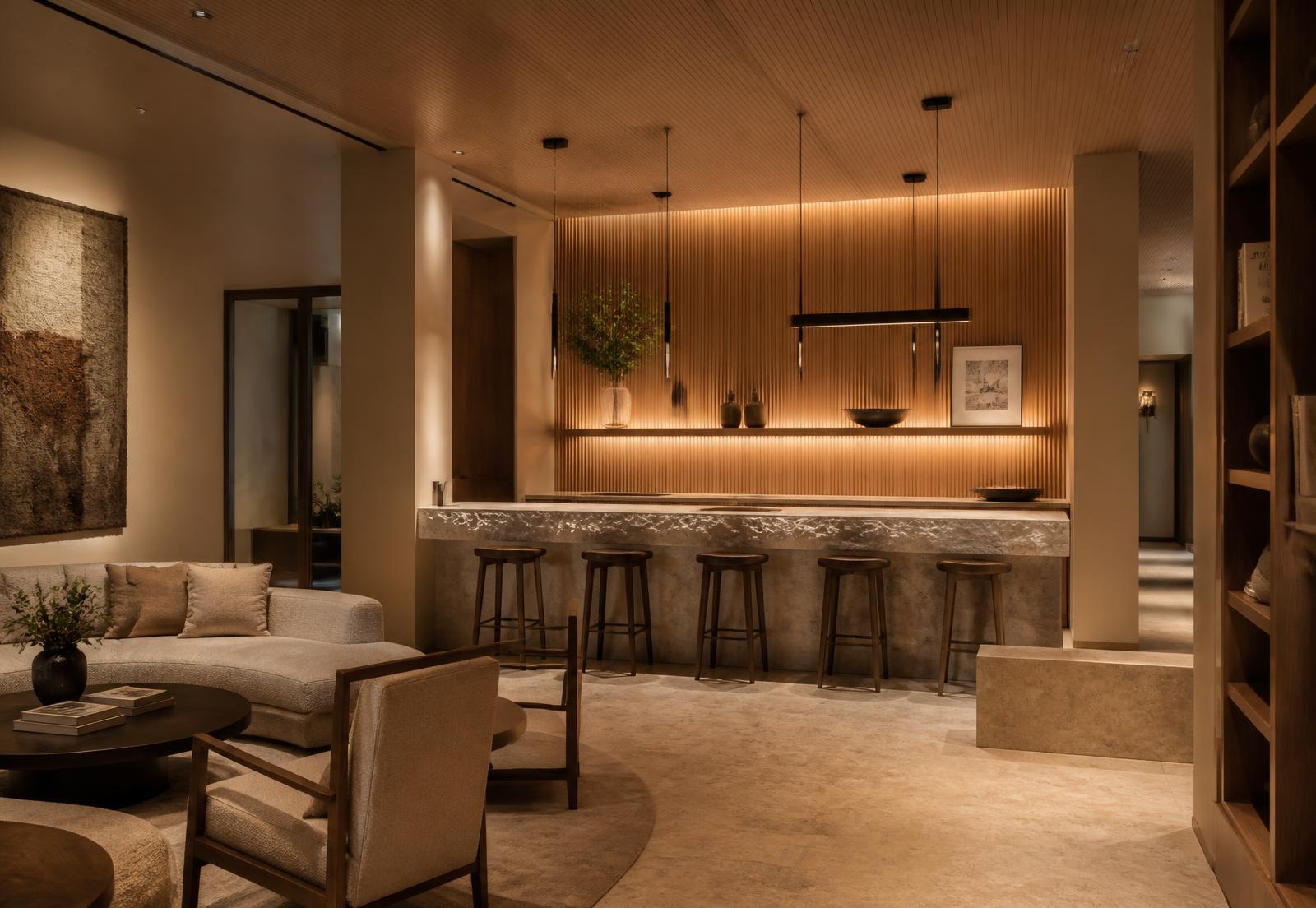 Hospitality lounge with stone counter and ribbed timber wall at night